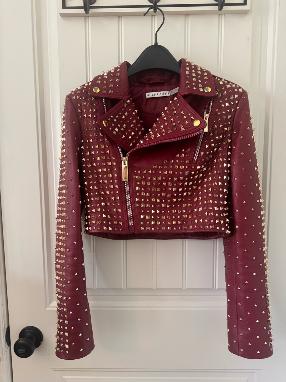 Alice + Olivia Burgundy Studded Cropped Moto Jacket